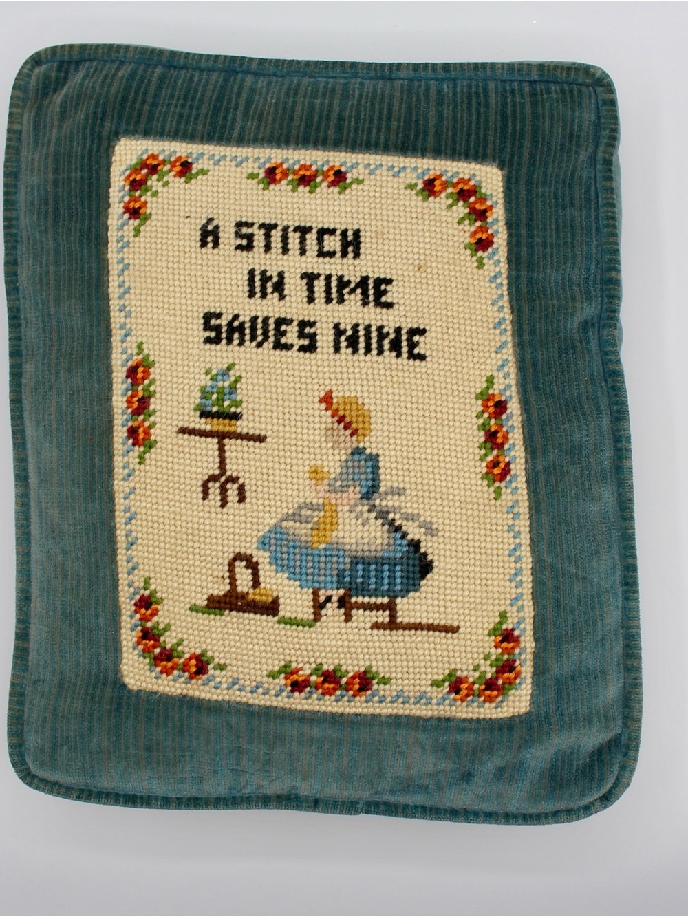 Vintage "A Stitch in Time Saves Nine" Needlepoint Pillow, Blue Velvet